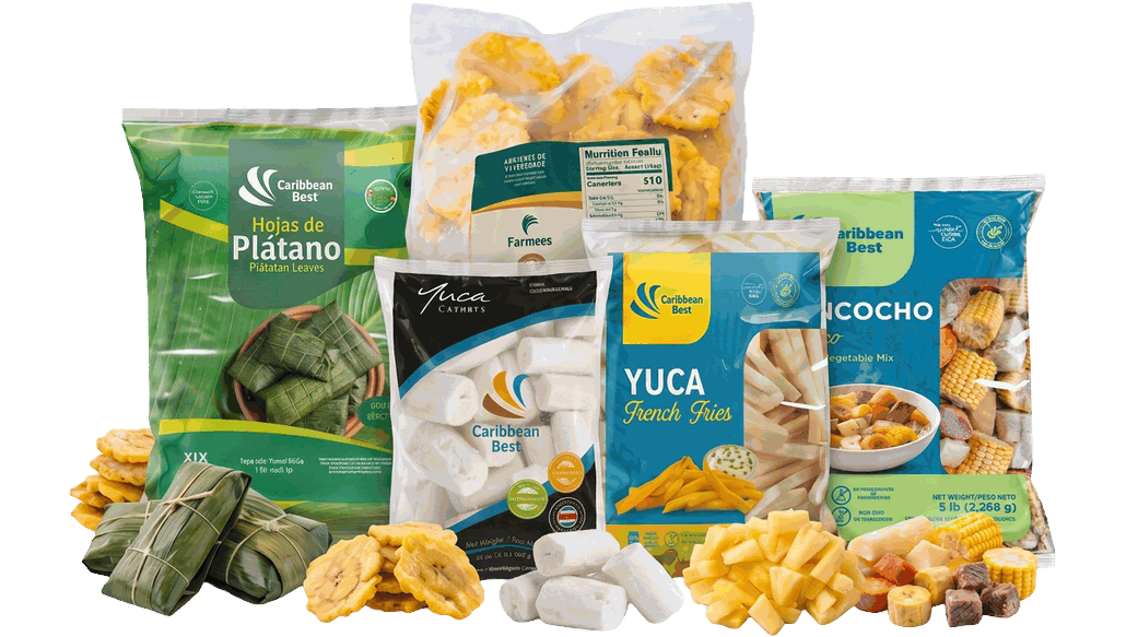 Línea congelada IQF Caribbean Best — hojas de plátano, yuca, tostones y vegetales para sancocho